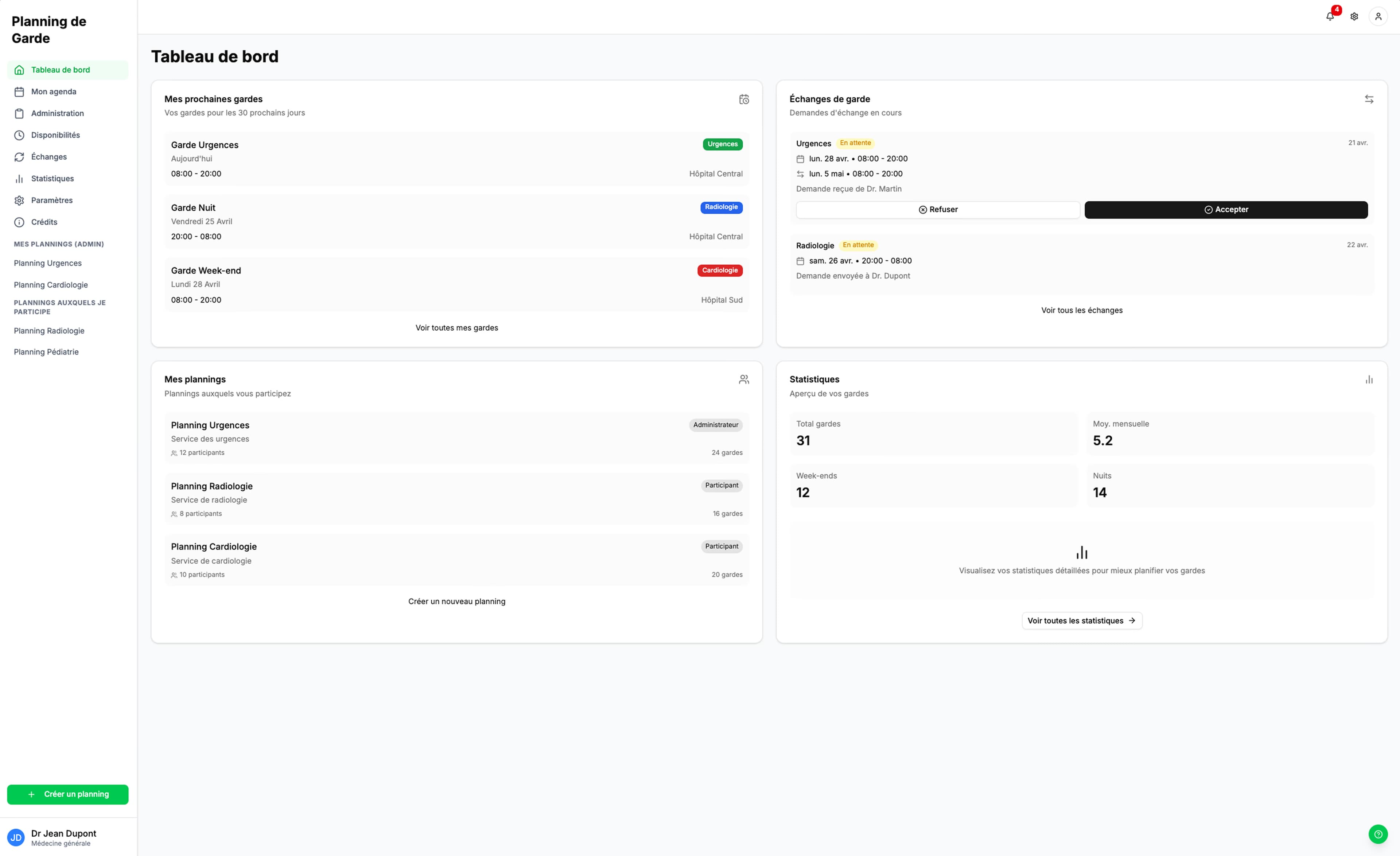 Dashboard de Planning de Garde montrant l'interface de gestion des plannings médicaux et d'astreintes